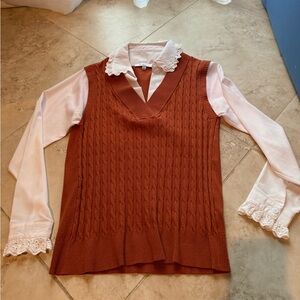 Chic Orange Cable Knit Vest with White Blouse